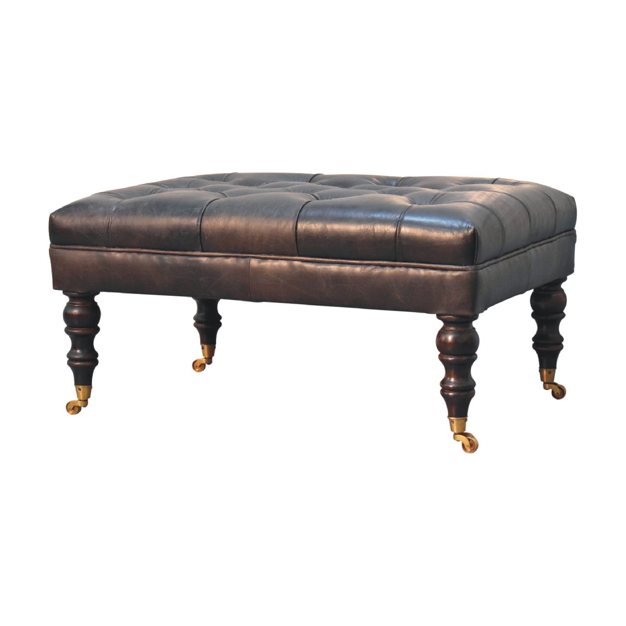 Buffalo Ash Black Leather Ottoman with Castor Legs