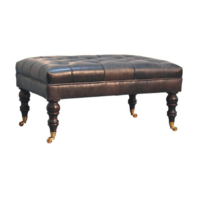 Buffalo Ash Black Leather Ottoman with Castor Legs