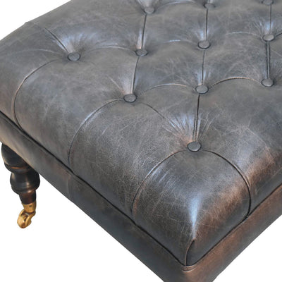 Buffalo Ash Black Leather Ottoman with Castor Legs