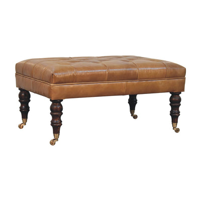 California Walnut Buffalo Green Leather Ottoman with Castor Legs