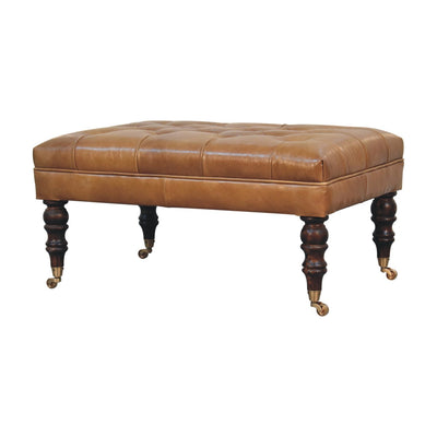 California Walnut Buffalo Green Leather Ottoman with Castor Legs