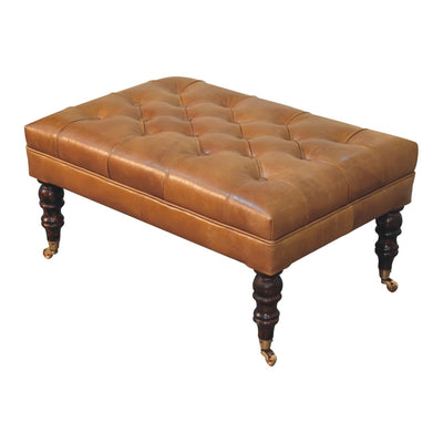 California Walnut Buffalo Green Leather Ottoman with Castor Legs