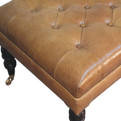 California Walnut Buffalo Green Leather Ottoman with Castor Legs