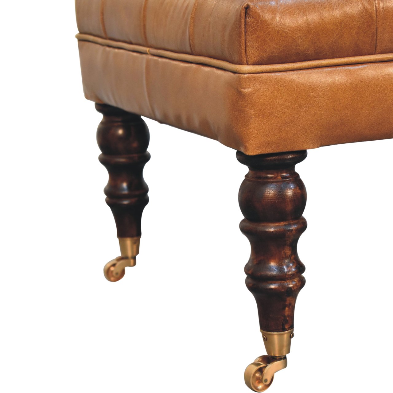 California Walnut Buffalo Green Leather Ottoman with Castor Legs