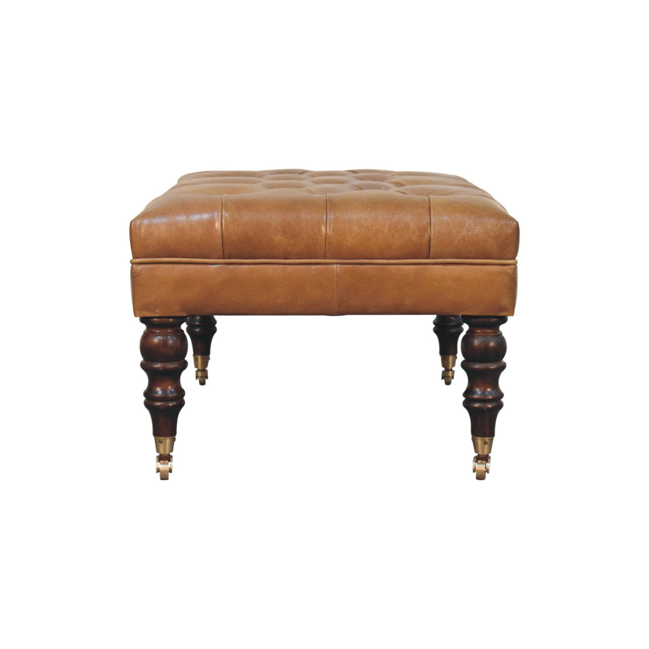 California Walnut Buffalo Green Leather Ottoman with Castor Legs