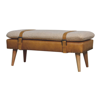 Bouclé Buffalo Hide Olive Green Leather Bench