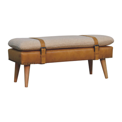 Bouclé Buffalo Hide Olive Green Leather Bench