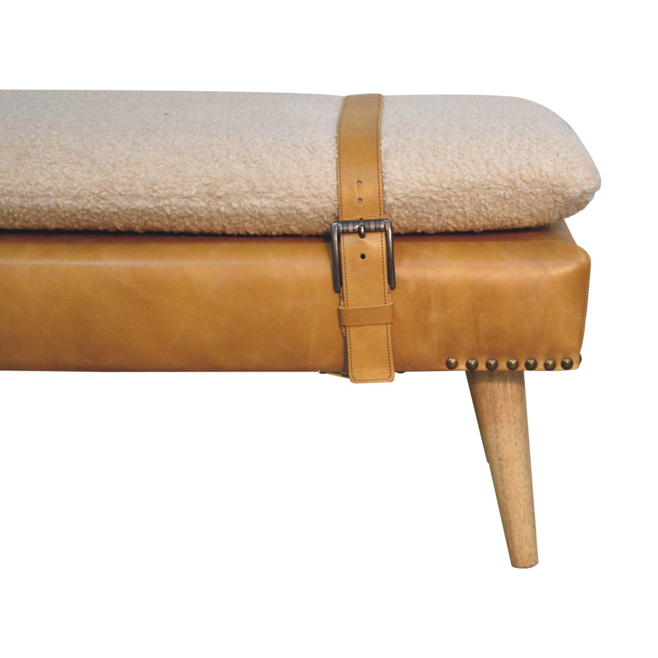 Bouclé Buffalo Hide Olive Green Leather Bench