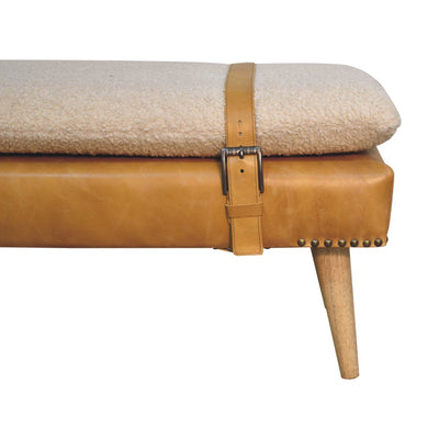 Bouclé Buffalo Hide Olive Green Leather Bench