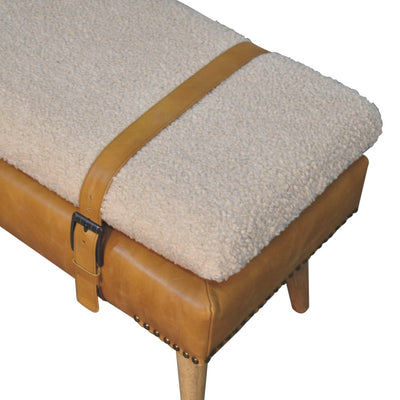 Bouclé Buffalo Hide Tan Leather Bench