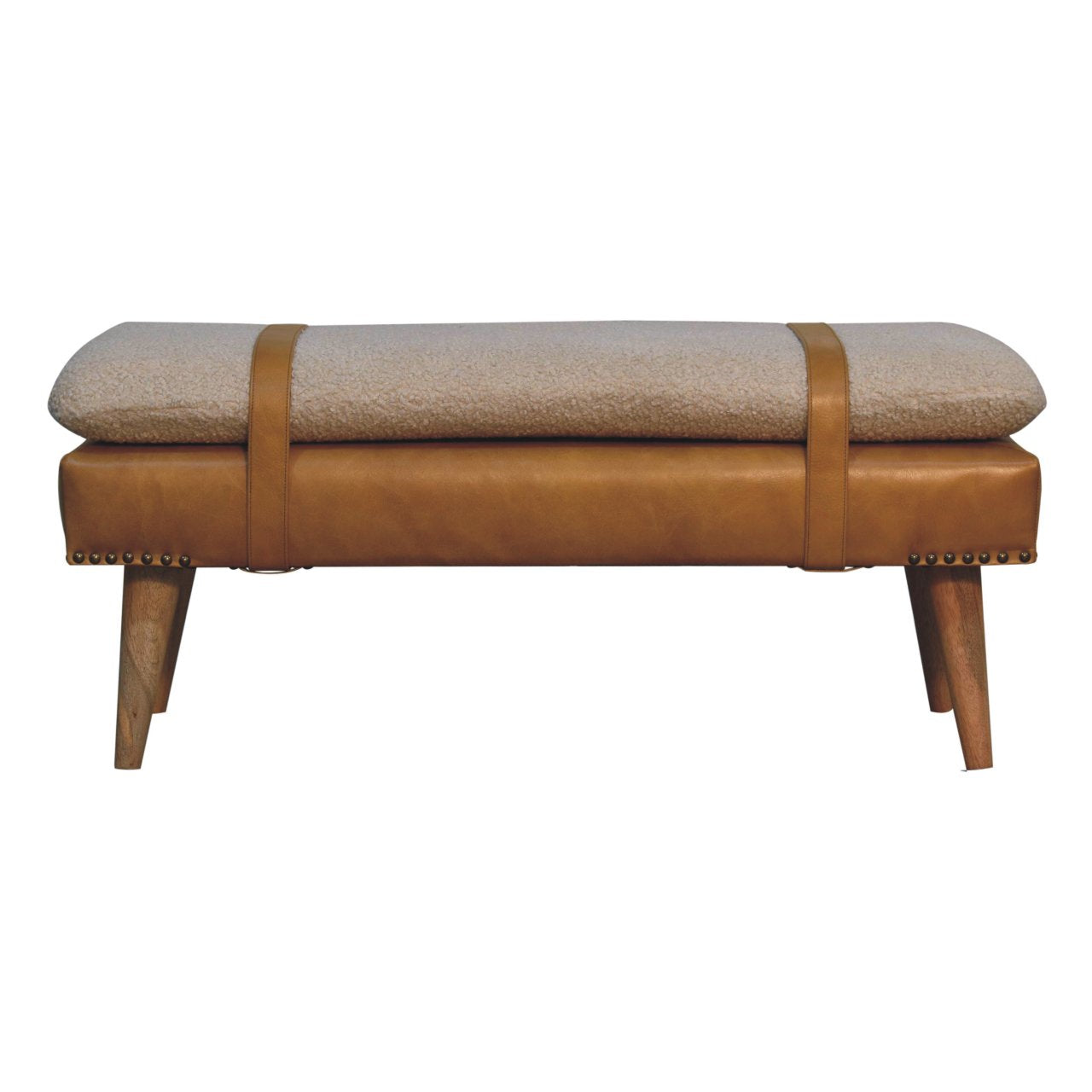 Bouclé Buffalo Hide Olive Green Leather Bench