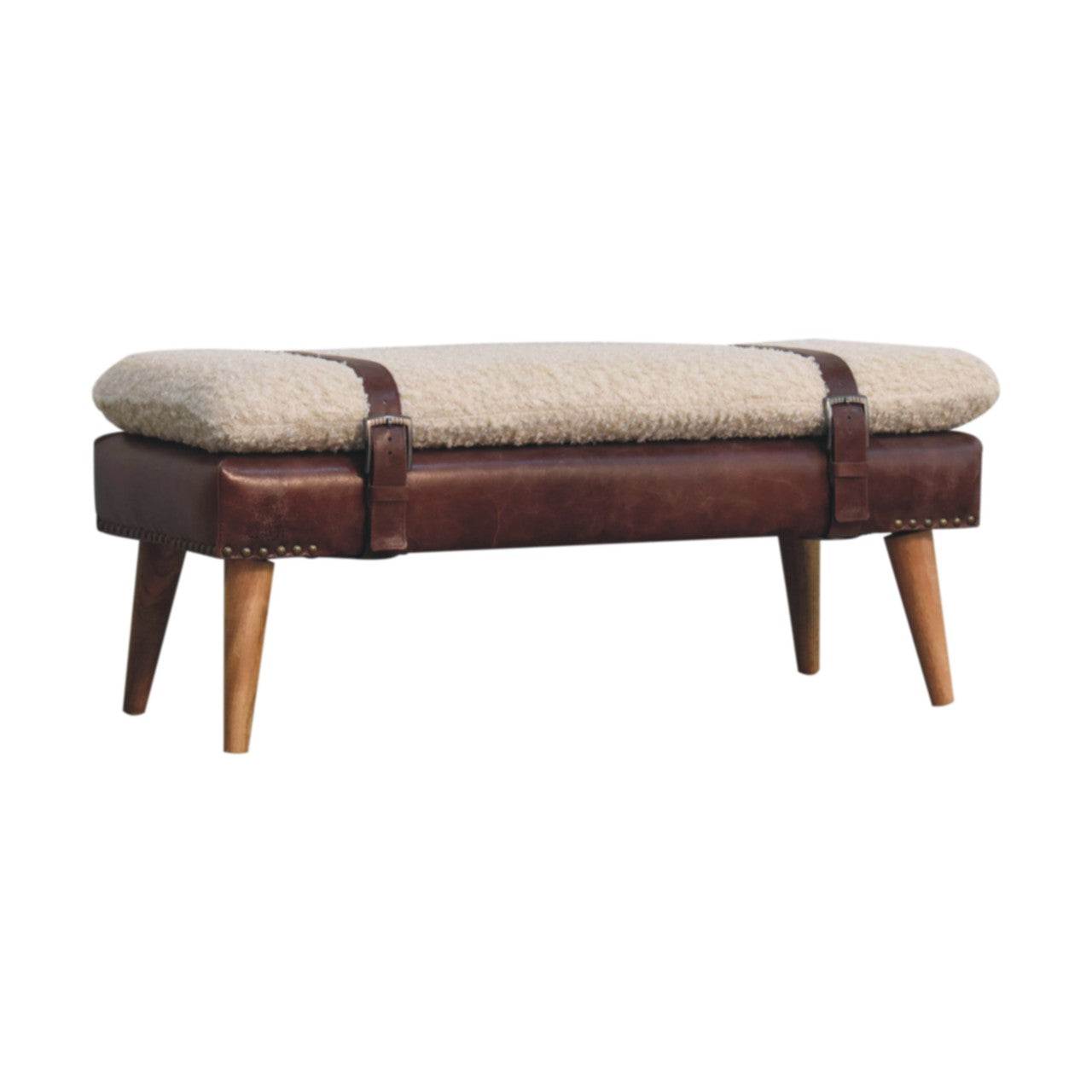 Boucle x Brown Leather Bench