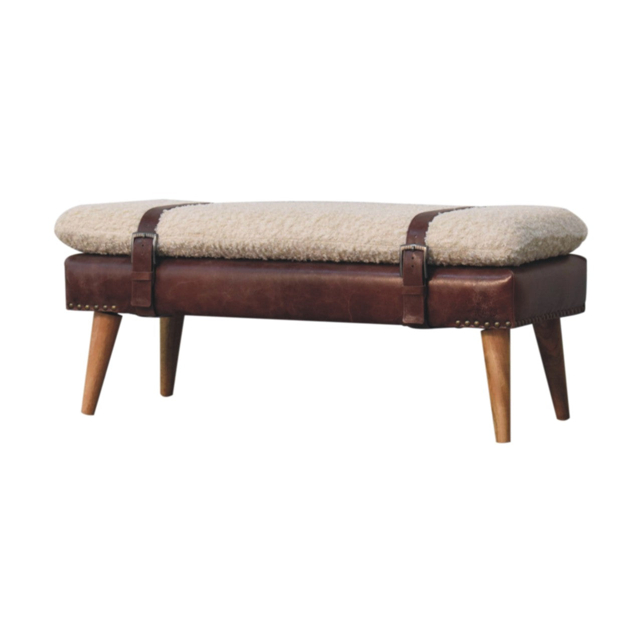 Boucle x Brown Leather Bench