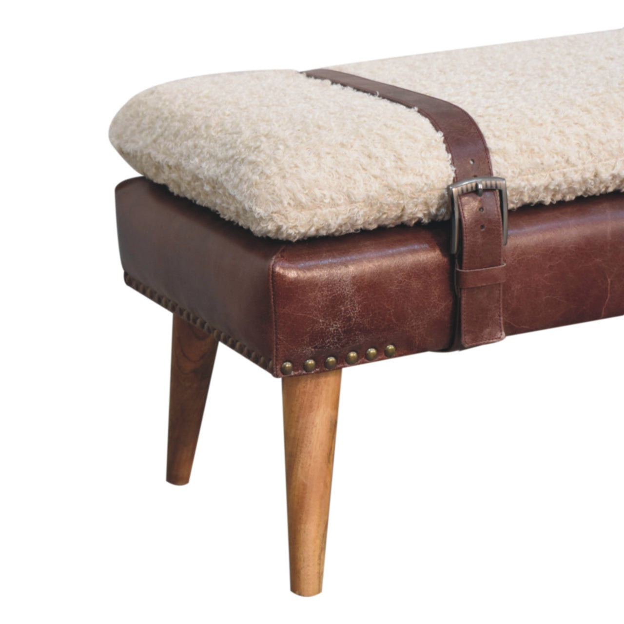 Boucle x Brown Leather Bench